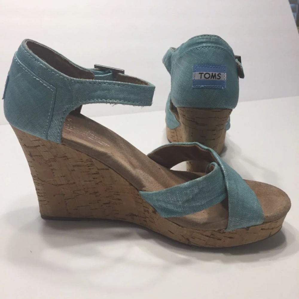 Toms Wedge Sandals Aqua Blue Metallic Size 8.5